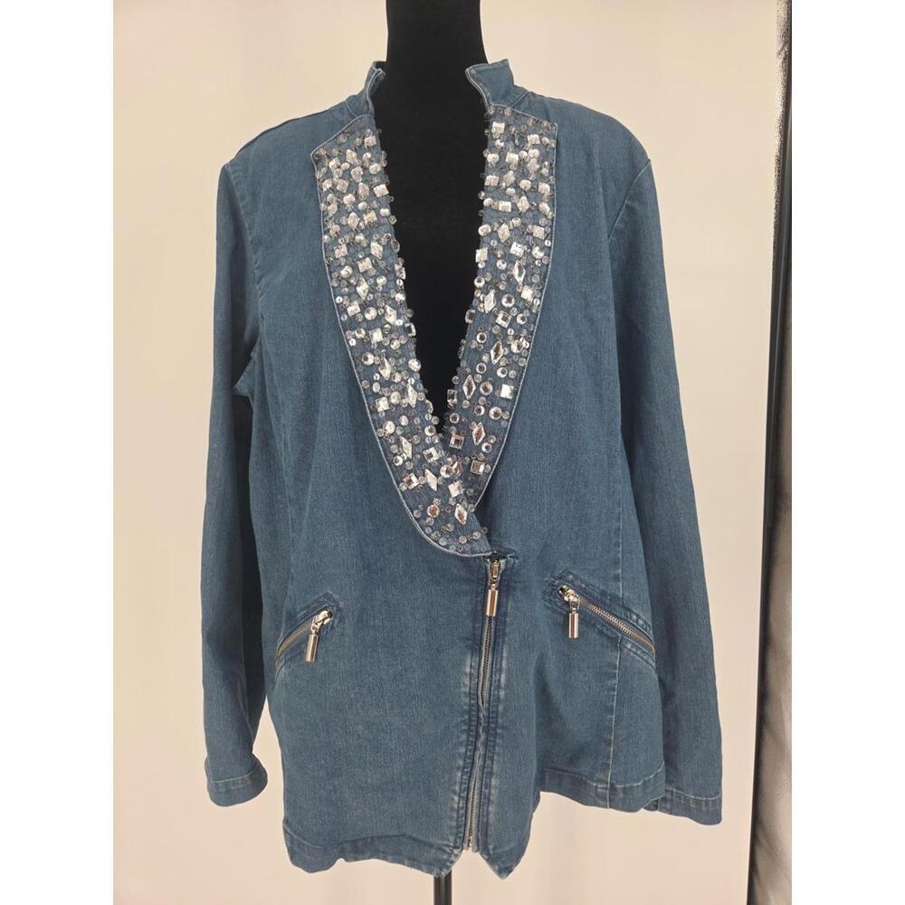 Vintage 1980 Denim Blazer 1X Bedazzled Rhinestone Jewel Embellishments Glam - Picture 1 of 6
